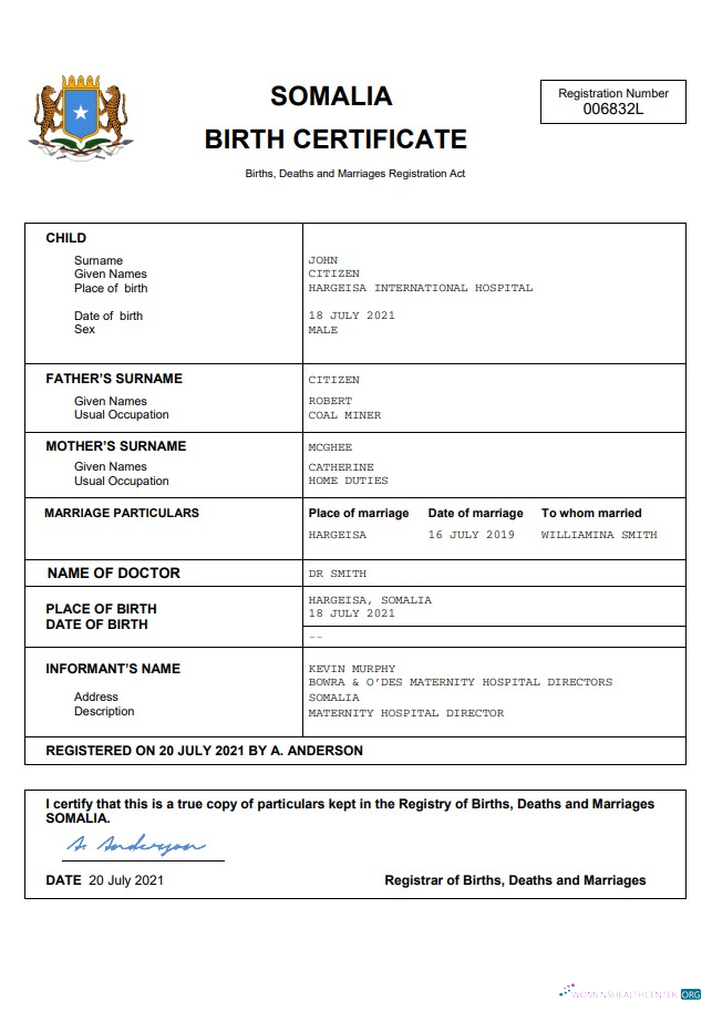 Download Somalia birth certificate Word and PDF template Photoshop template